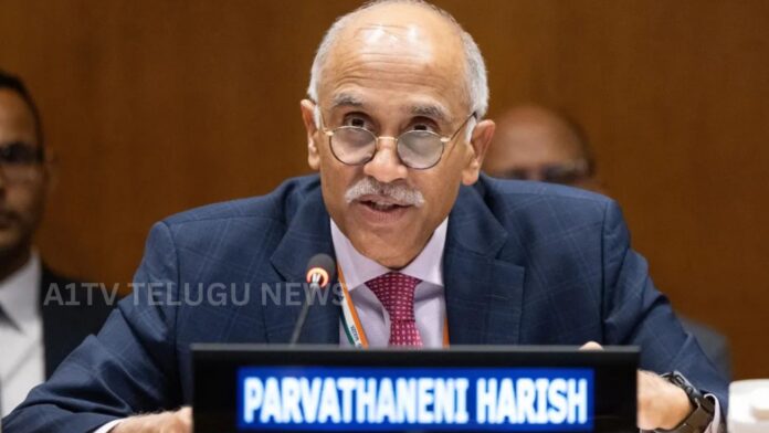India's Permanent Representative Parvathaneni Harish speaking at the UN Security Council
