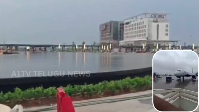 Flood water accumulated at Ahmedabad airport runway after heavy rainfall