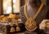 Gold jewellery displayed at a jewellery showroom in India