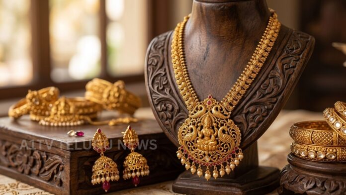 Gold jewellery displayed at a jewellery showroom in India