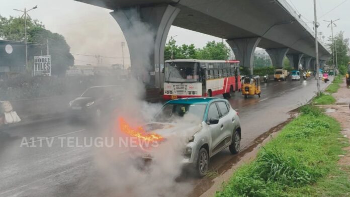 Car fire incident on PVNR Expressway in Hyderabad
