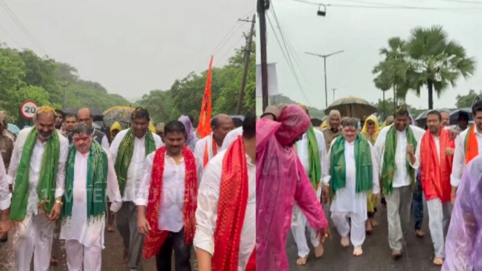 Ponnam Prabhakar participating in Guru Purnima celebrations at Kondagattu Anjaneya Swamy Temple