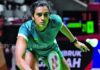 PV Sindhu celebrates after reaching the Japan Open Super 750 final
