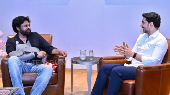 Nara Lokesh meeting Pawan Kalyan during his recovery after shoulder surgery