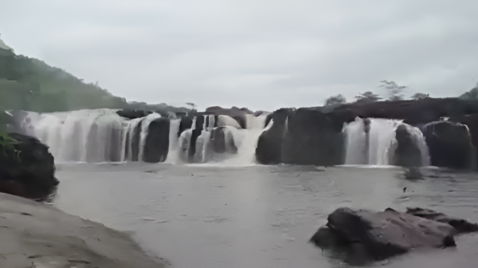 bogatha waterfall in mulugu district overflowing with heavy water flow during rainy season