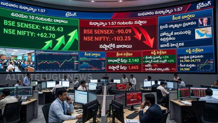 Indian stock market: Sensex and Nifty trading lower on market screens after early gains due to global geopolitical concerns.