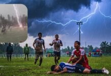 Thailand Football Match | మైదానంలో 24 ఏళ్ల ఆటగాడి ప్రాణాలు బలి తీసుకున్న పిడుగు Thai football match player struck by lightning during game in rainy weather conditions.