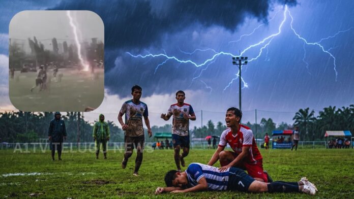 Thai football match player struck by lightning during game in rainy weather conditions.